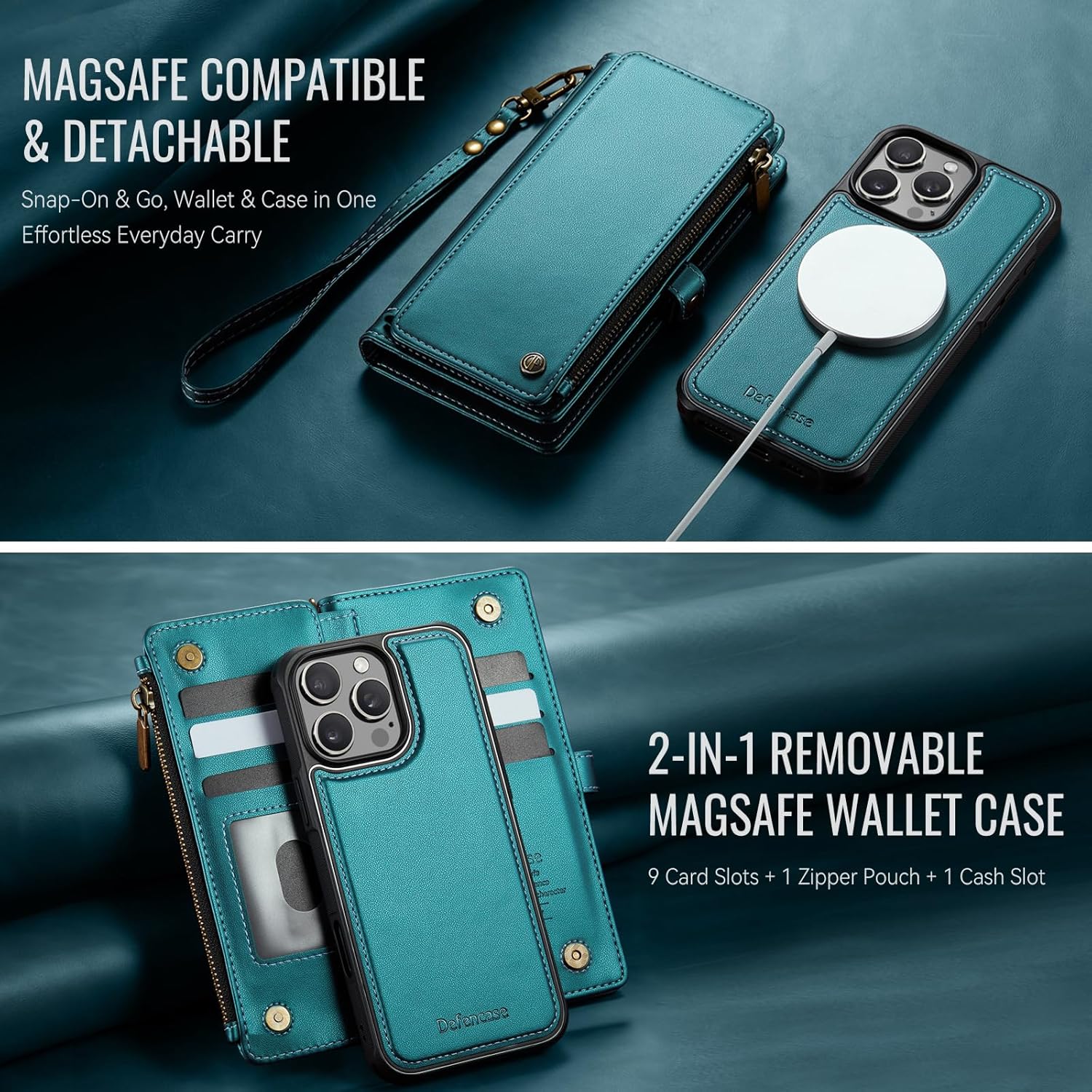 Defencase for iPhone 16 Pro Max Magnetic Wallet Case Compatible with Magsafe with RFID Blocking Zipper Strap Card Holder for Women PU Leather Detachable Case for iPhone 16 Pro Max (6.9), Blue Green